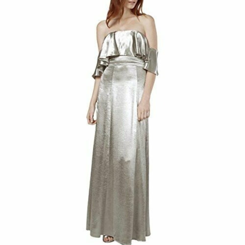Brand New Fame And Partners Women Silver Metallic Ruffled Evening Dress 4
